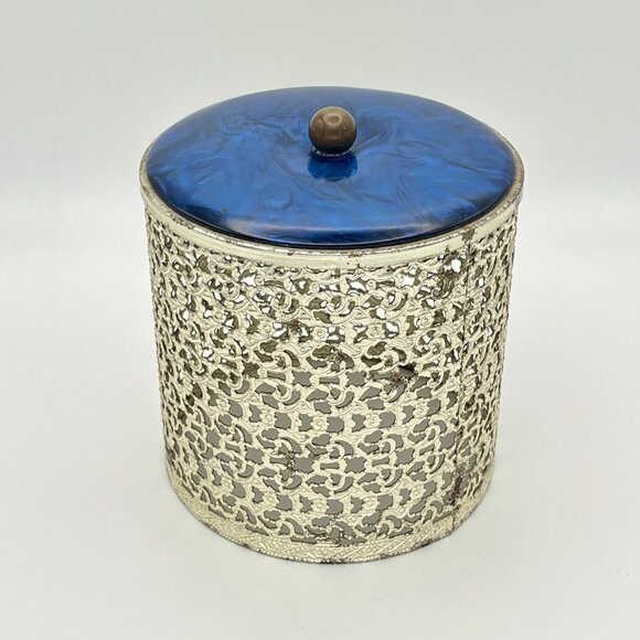 Vintage Hollywood Regency Filigree Tissue Cover Blue Lucite Top Mid Century Glam - Picture 3 of 8